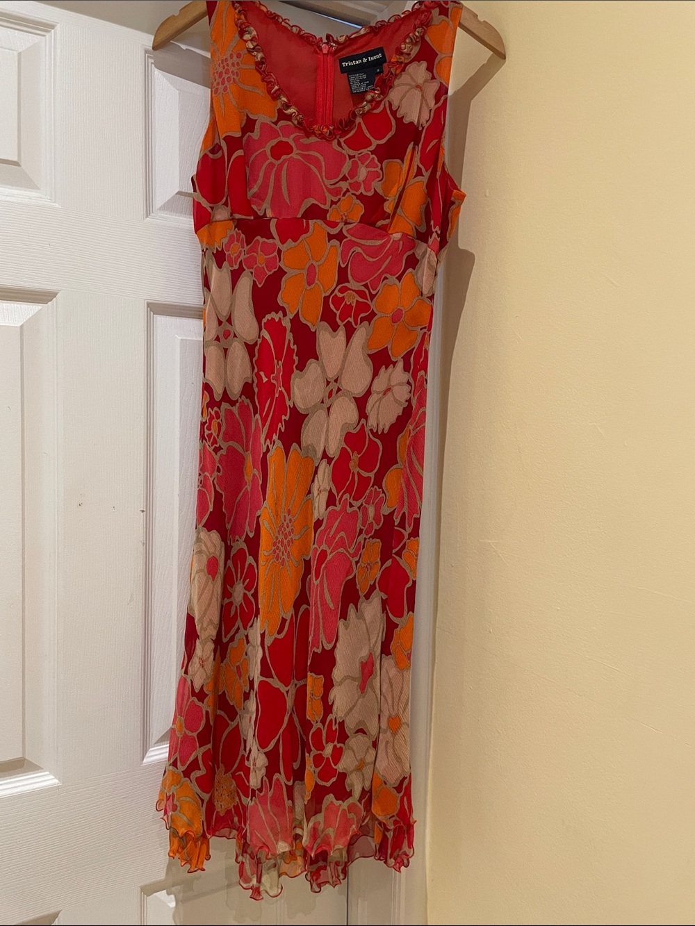 100% Silk Ruffle Floral Midi Dress Y2K Romantic Boho Size 8